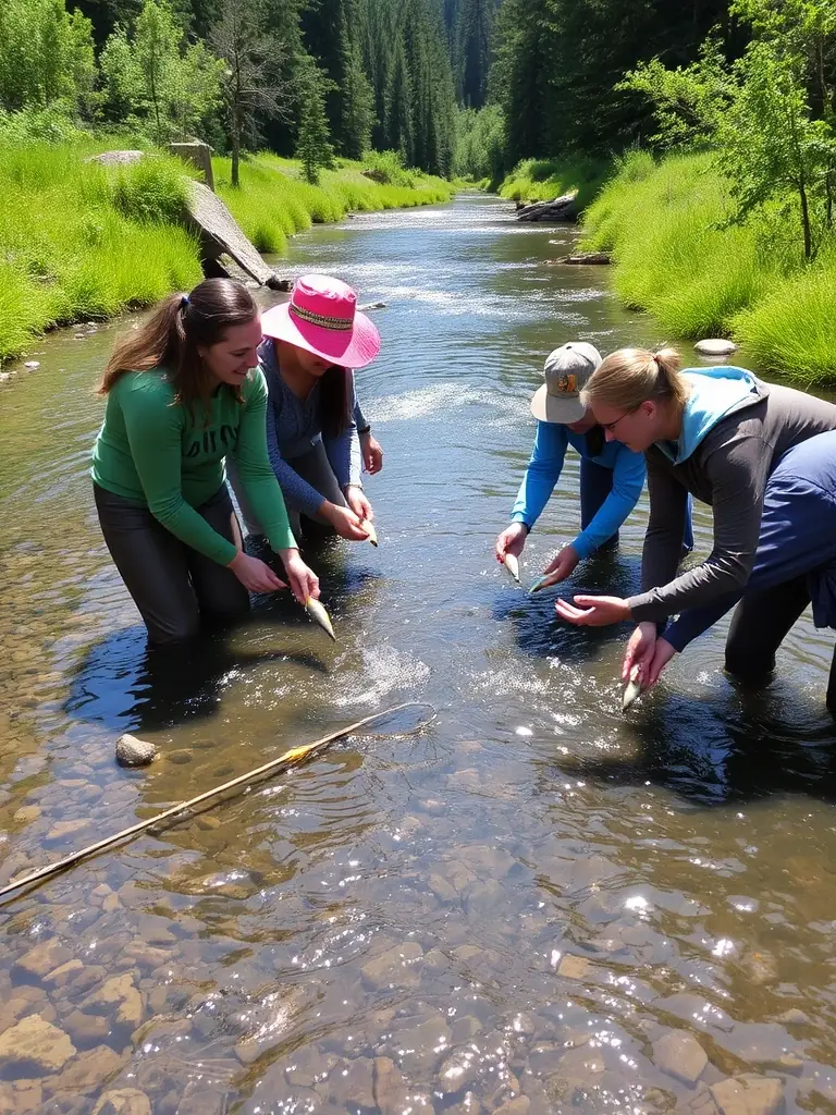 A photo showing association members releasing fish into a local river as part of a restocking program to enhance fish populations.