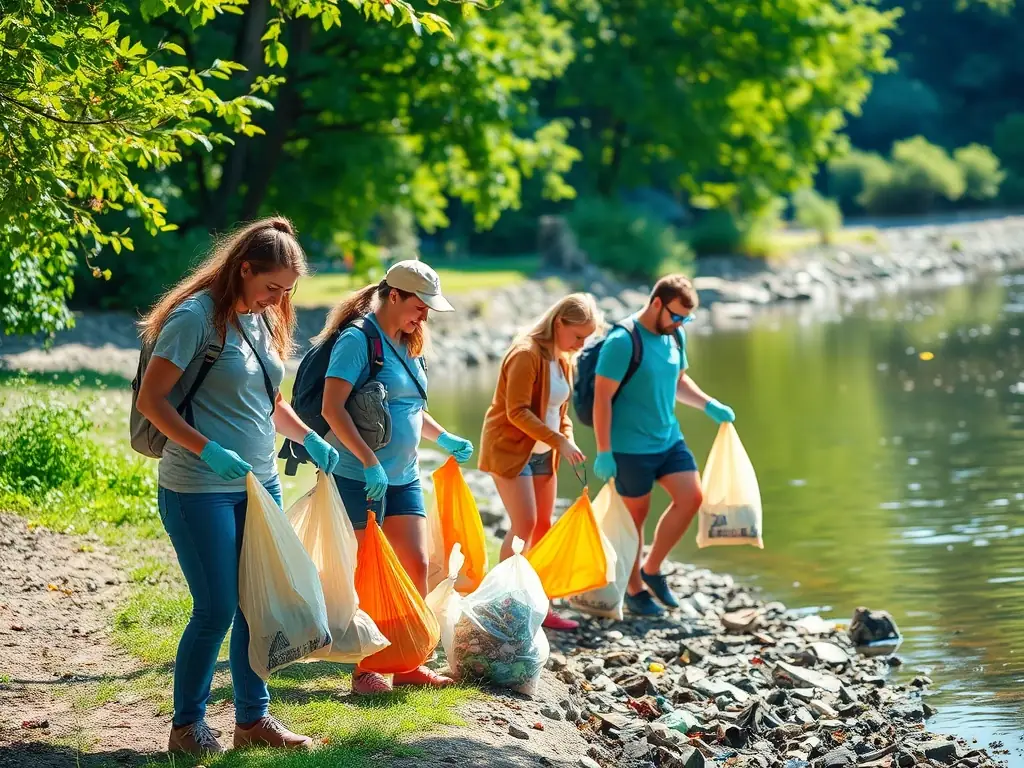 A group of volunteers participating in a river cleanup, removing trash and debris from the riverbank, showcasing community involvement and environmental stewardship.