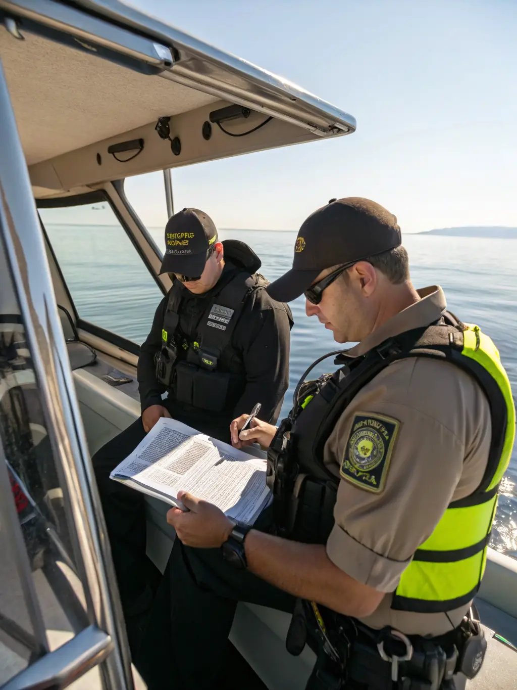 Patrol officers inspecting fishing gear along a riverbank at dawn, with signage promoting legal fishing practices, representing the Poaching Prevention Programs.