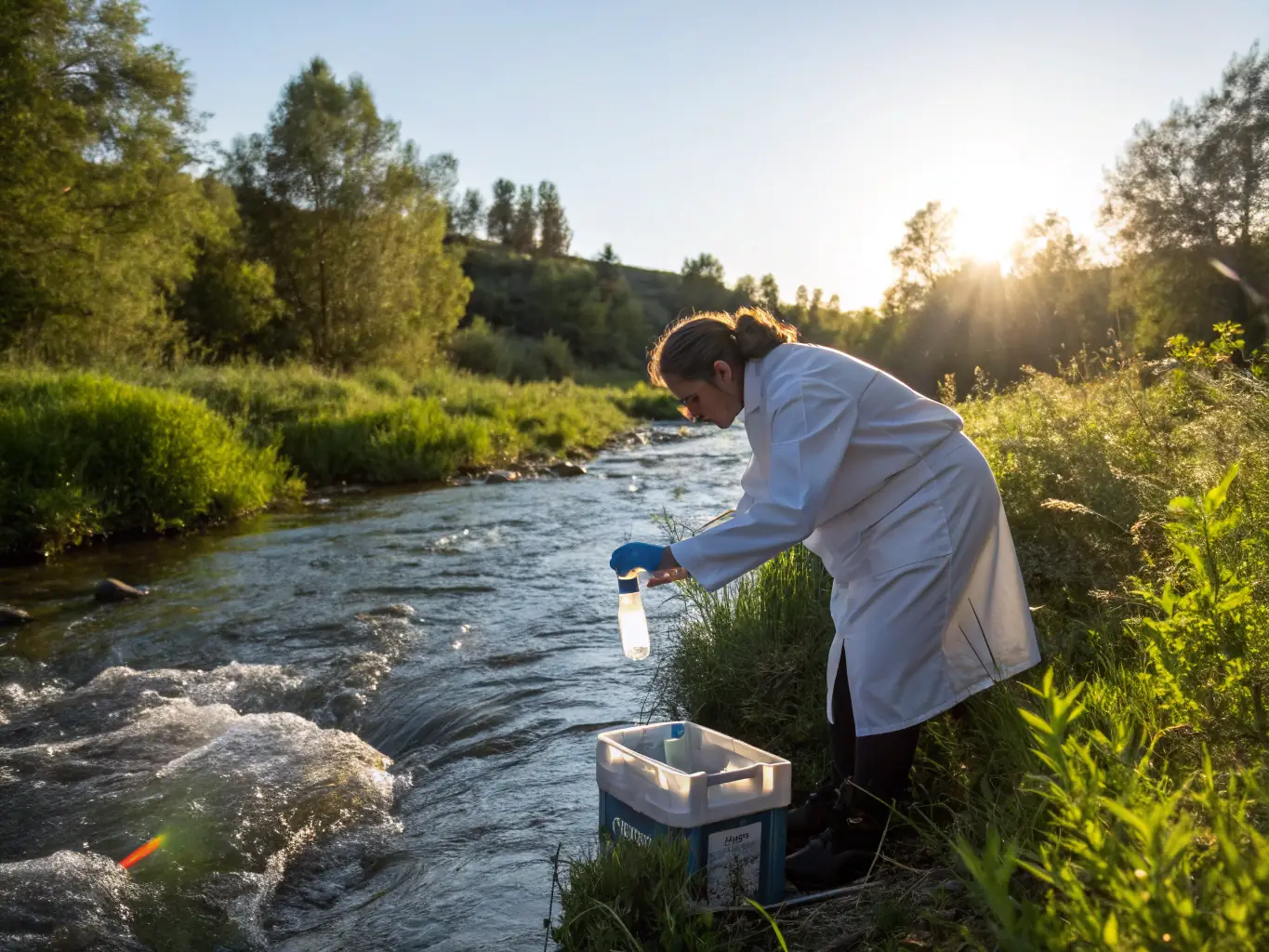 A serene image of a volunteer collecting water samples from a clear river, surrounded by lush greenery, symbolizing the organization's commitment to aquatic environment monitoring.