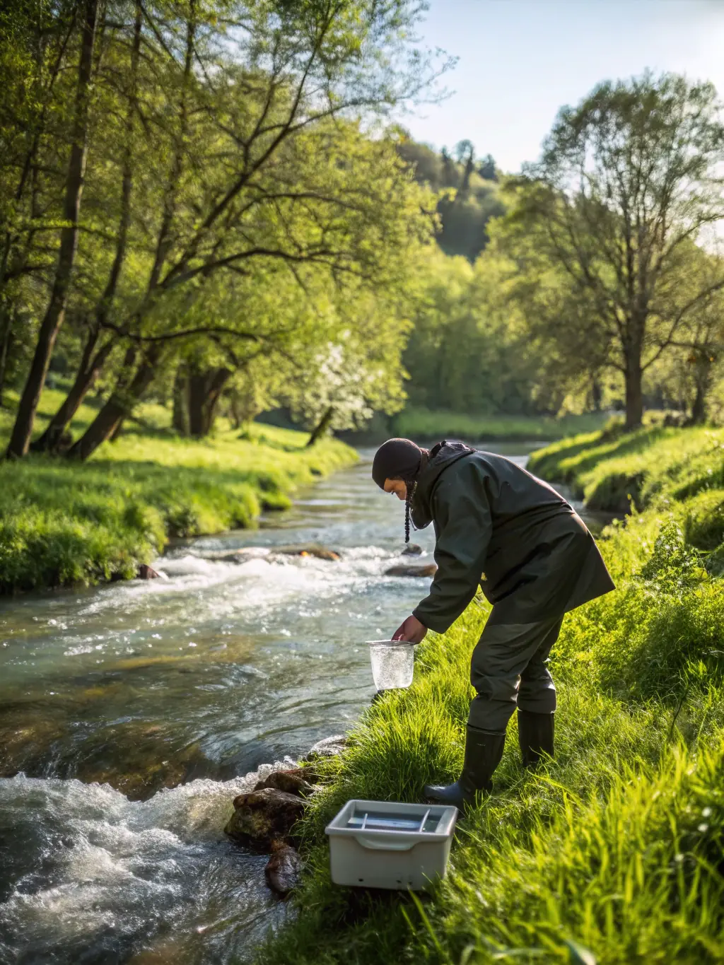 A team of scientists collecting water and fish samples from a river, with monitoring equipment and charts in the background, representing the Aquatic Environment Monitoring program.