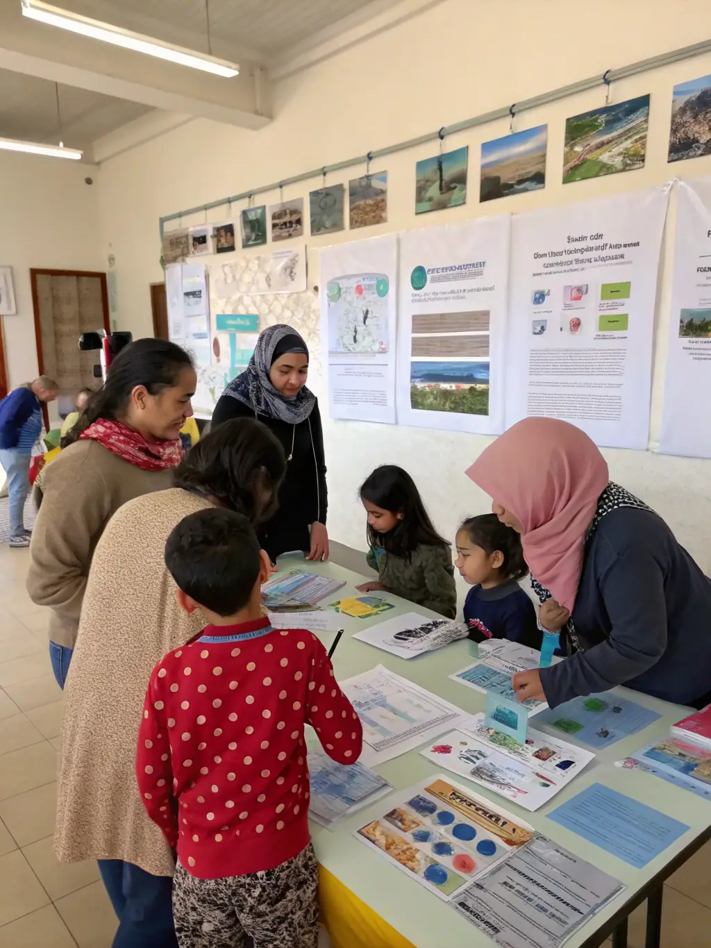 A community workshop with children and adults learning about fish species and conservation practices, with educational posters and interactive activities, representing Community Education & Engagement.