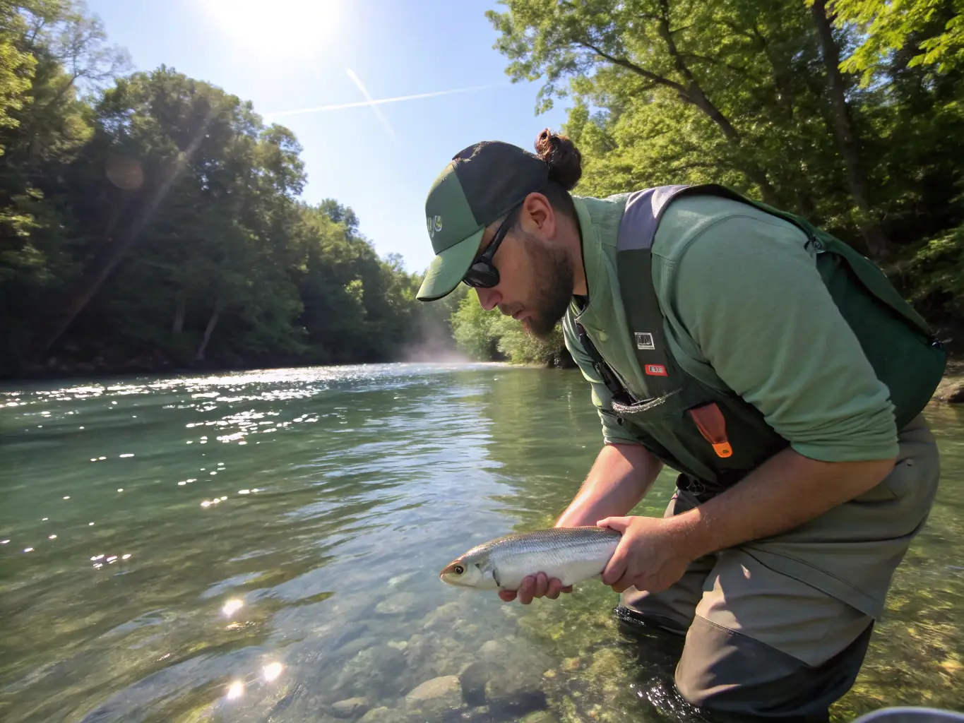 A photo of association members releasing juvenile fish into a river, symbolizing the support for sustainable fishing practices and the replenishment of fish populations.