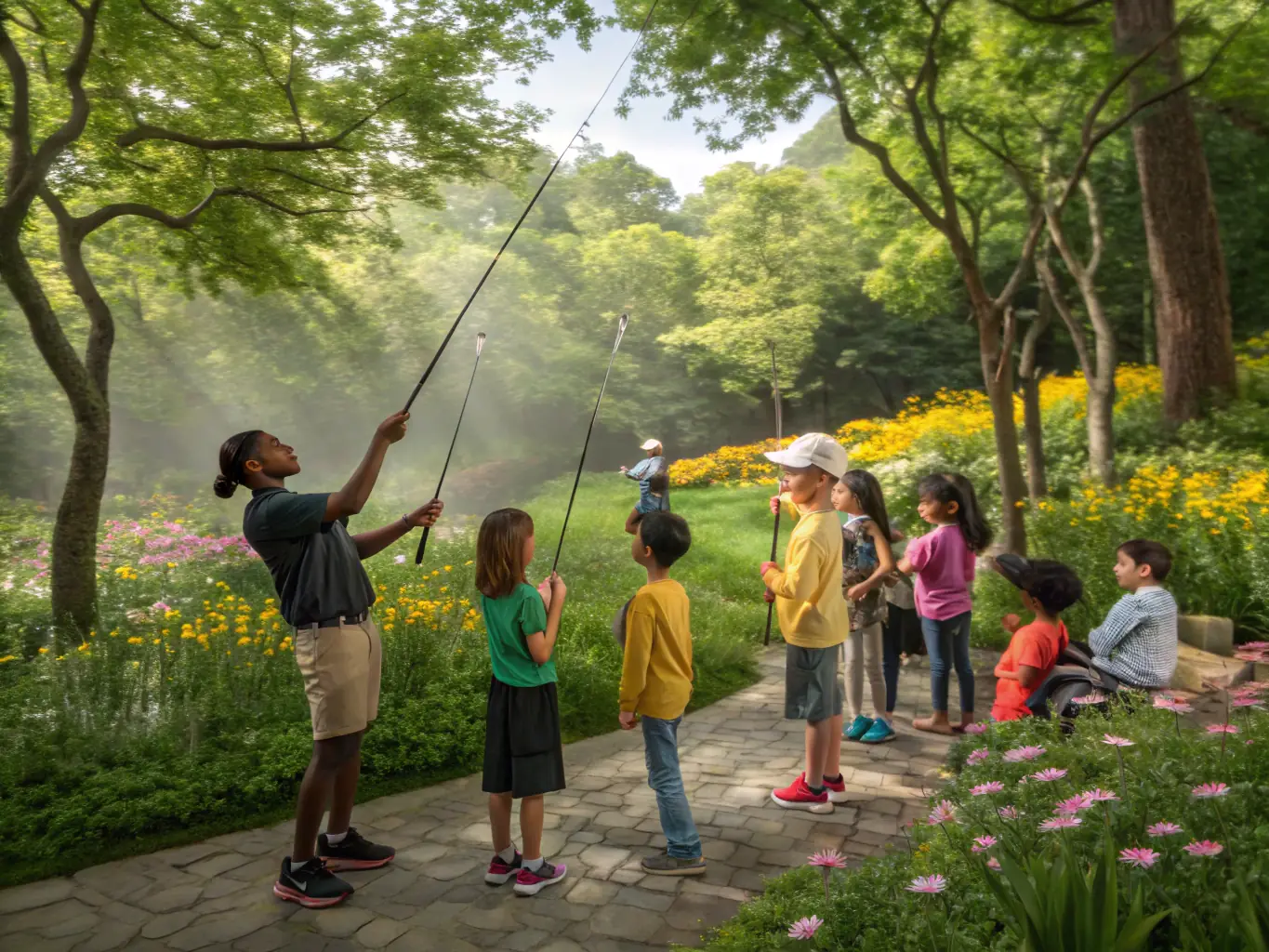 A vibrant image of a group of children participating in a fishing workshop, learning about responsible fishing practices and the importance of environmental conservation.