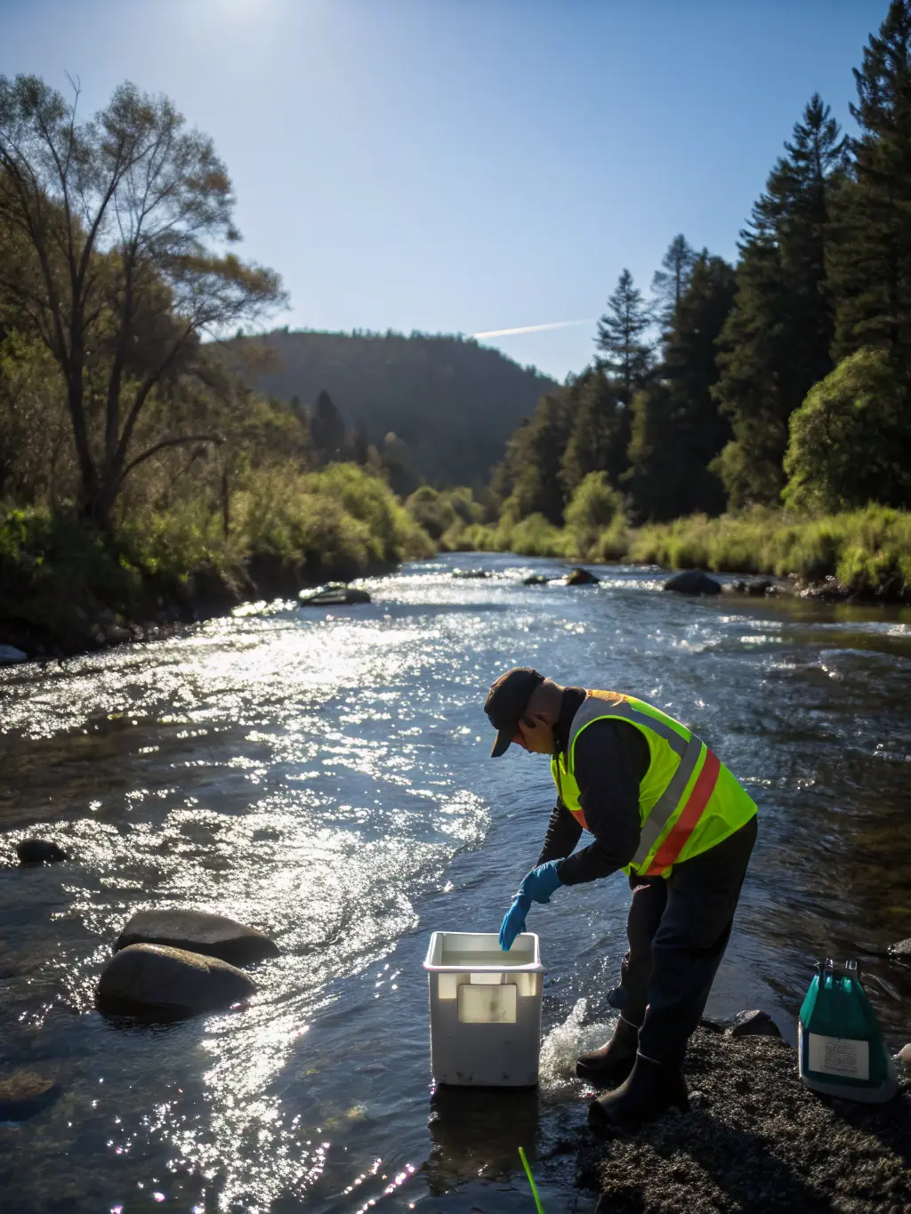 A picture of association members conducting water quality testing in a local stream, collecting samples and analyzing data to monitor the health of the aquatic environment.