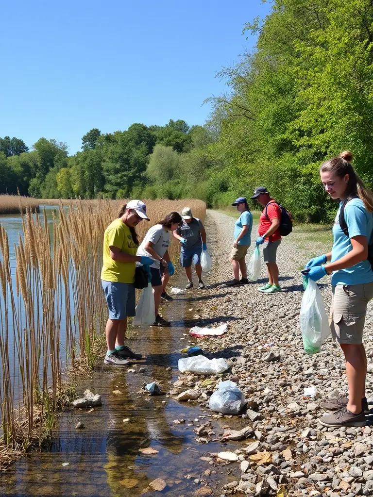 A photograph depicting volunteers participating in a river cleanup, removing debris and waste from the riverbank, showcasing the association's commitment to environmental preservation.