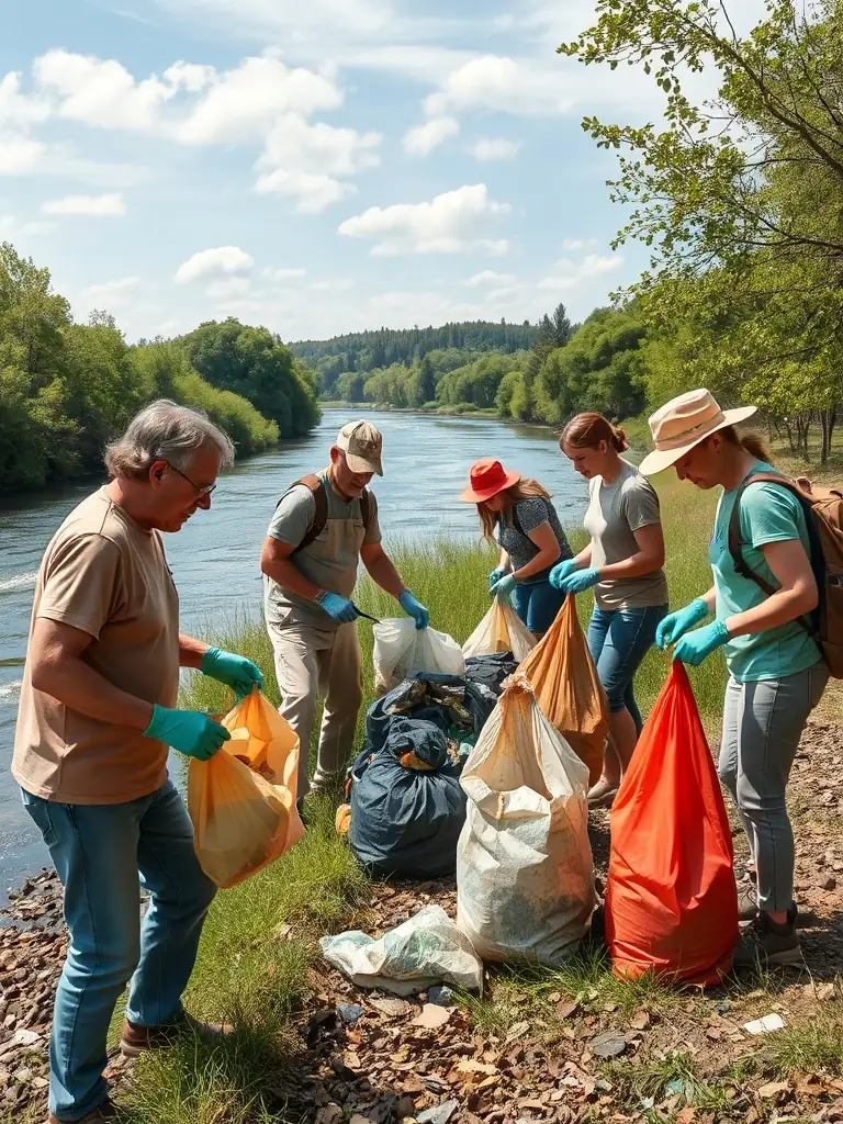 A volunteer collecting trash from a riverbank, showcasing efforts to maintain clean aquatic environments and protect fish habitats.