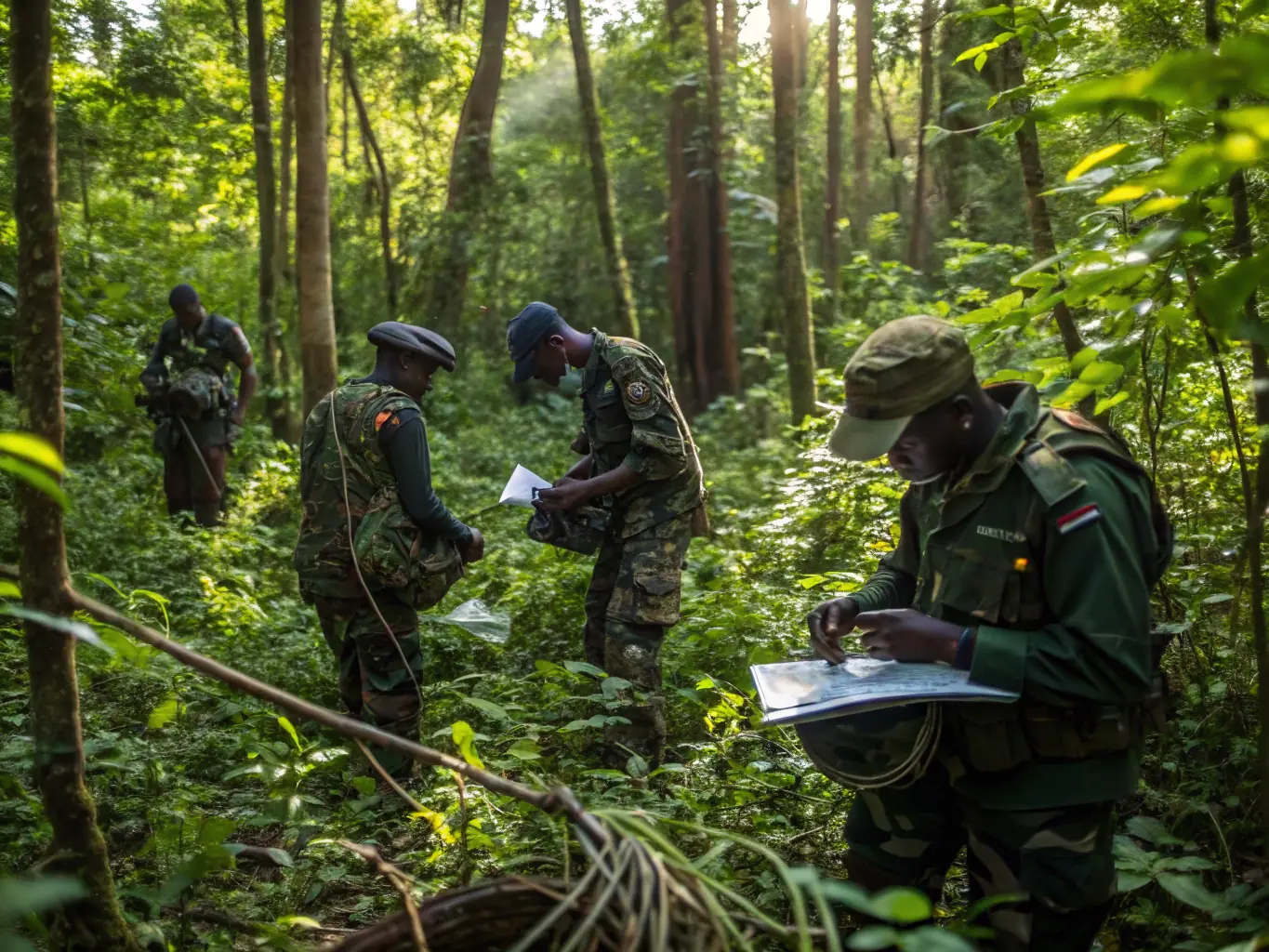 A photograph of volunteers patrolling a riverbank, equipped with binoculars and communication devices, illustrating the organization's efforts in poaching prevention.